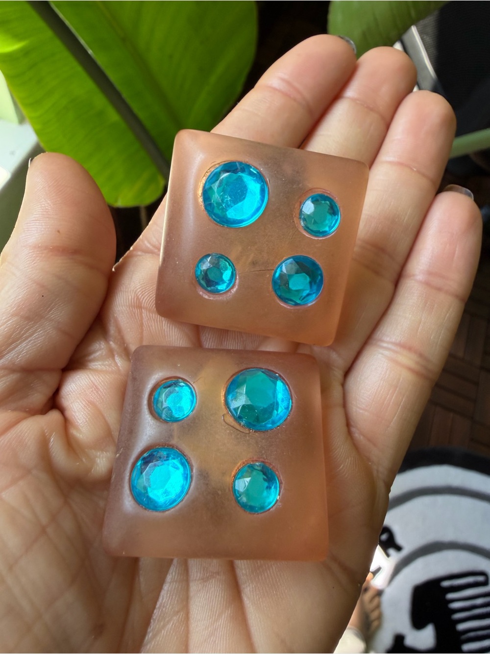 Vintage Enamel Turquoise Gem Square Statement Earrings Clip On- Blue Gem Accents